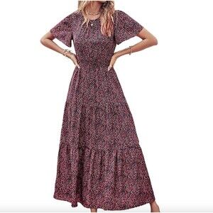 New HUBERY Women Printed Tiered Pleated Round Neck Short Sleeve Max Dress S
